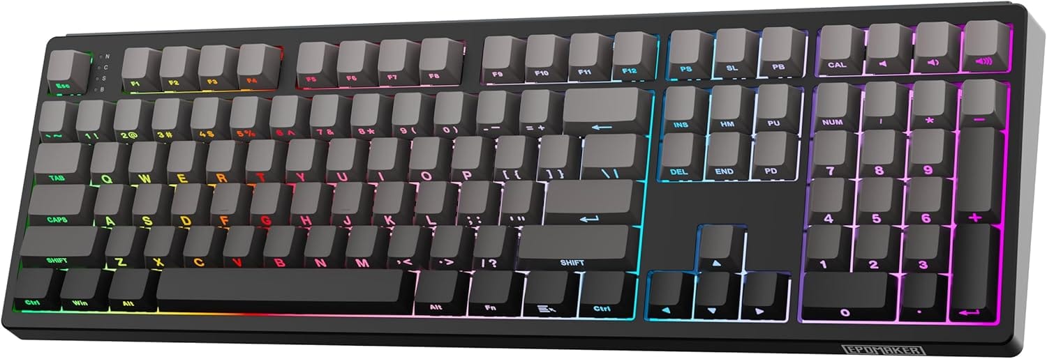 ايبوميكر كيبورد ميكانيكي بالحجم الكامل TH108، كيبورد العاب لاسلكي مع بطارية 8000mAh، حشية كريمية، 108 مفتاح، تبديل سريع، مشغل مخصص، اضاءة خلفية RGB (اسود، اخضر مزرق)