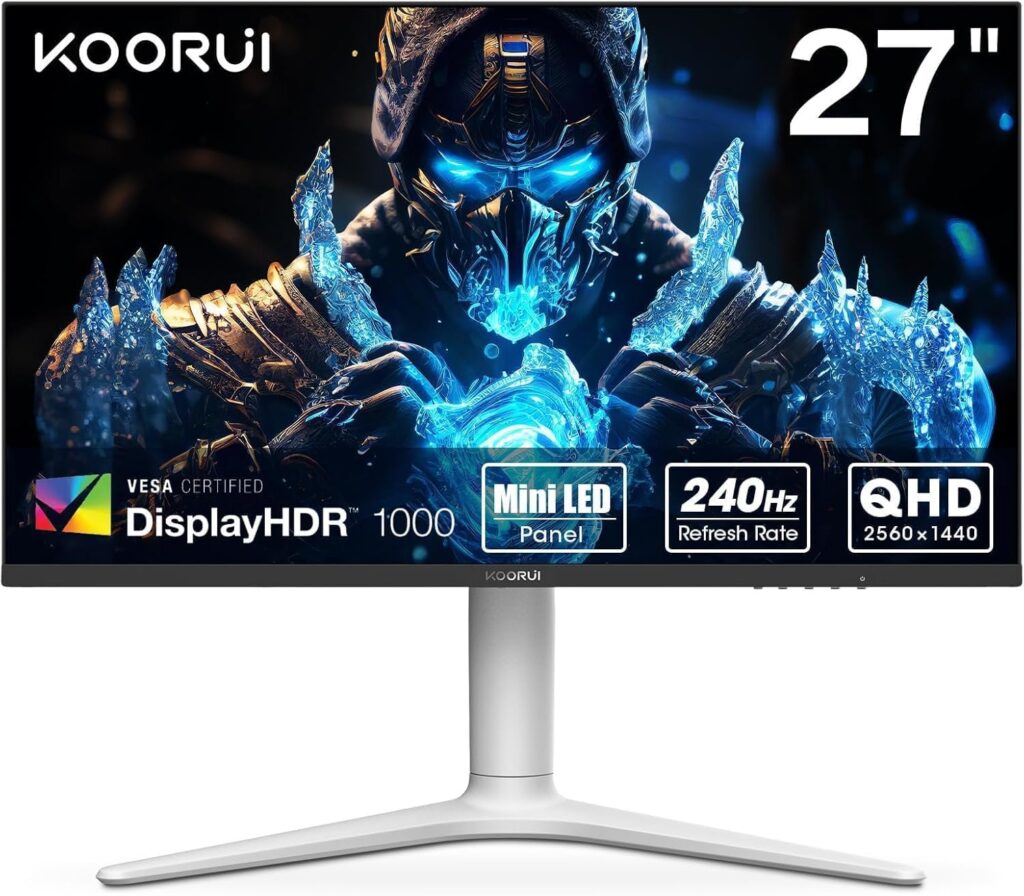 كوروي شاشة العاب صغيرة 27 انش 240Hz VA LED QHD 1 مللي ثانية مزامنة تكيفية 2×HDMI 2.0 ومنفذ عرض 1.4، HDR 1000، DCI-P3 95%، فيسا 75×75 ملم، عناية بالعين، ارتفاع قابل للتعديل، متعددة