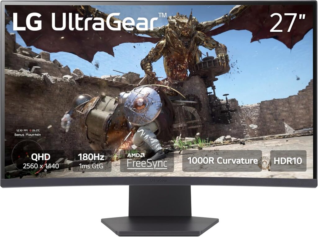 شاشة العاب ال جي 27GS60QC-B الترا جير 27 انش QHD (2560x1440) 180Hz 1 مللي ثانية 1 مللي ثانية 1000R AMD فري سينك HDR10 HDMIx2 ديسبلاي بورت تصميم بدون حواف اسود مثبت داس كروس شير اف بي اس اسود